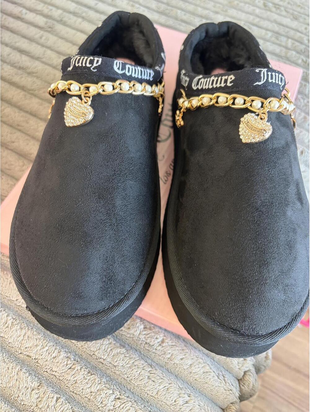 Juicy Couture Black Slip-On Shoes with Gold Chain and Heart